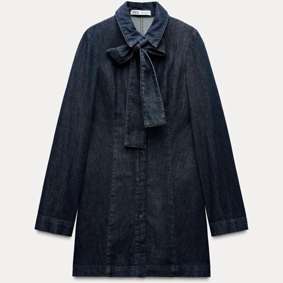 NWT Zara Denim Bow Dress Women’s S Blue Dark Wash Button Down Collared Mini Jean - Picture 1 of 16